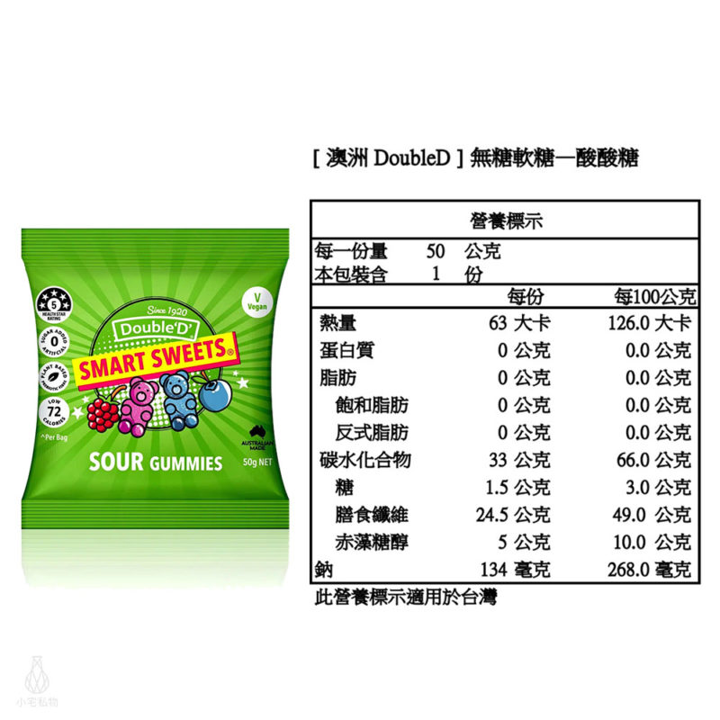 澳洲 DoubleD 無糖軟糖 (酸酸糖) 50g 營養標示