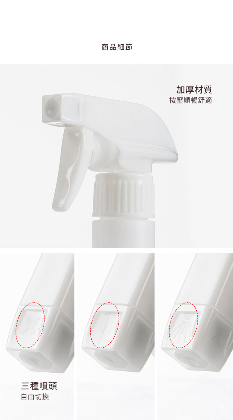 日本霜山 可調節式噴頭按壓式噴霧瓶 (附標籤貼) 特色